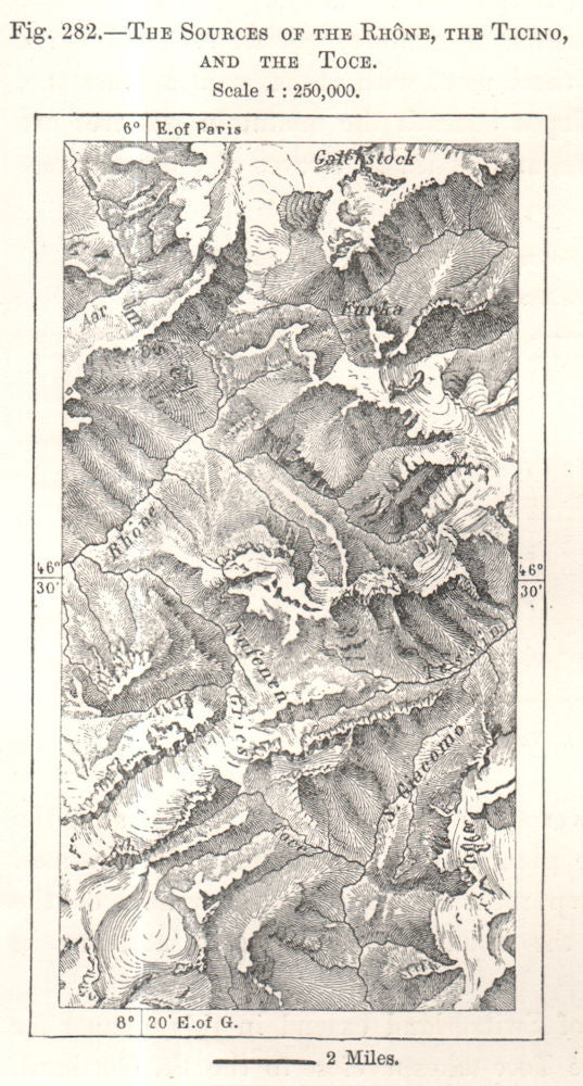The Sources of the Rhone, the Ticino & the Toce. Switzerland. Sketch map 1885